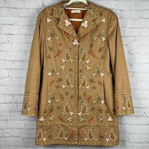 COLDWATER CREEK boho paisley floral embroidered tan coat jacket, size 14
